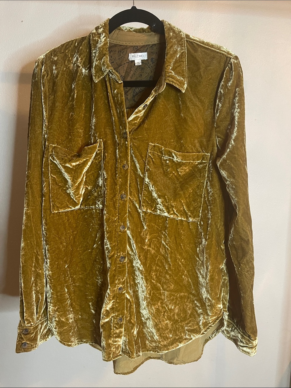 Pilcro Gold/Brown Velvet Button-Front Top